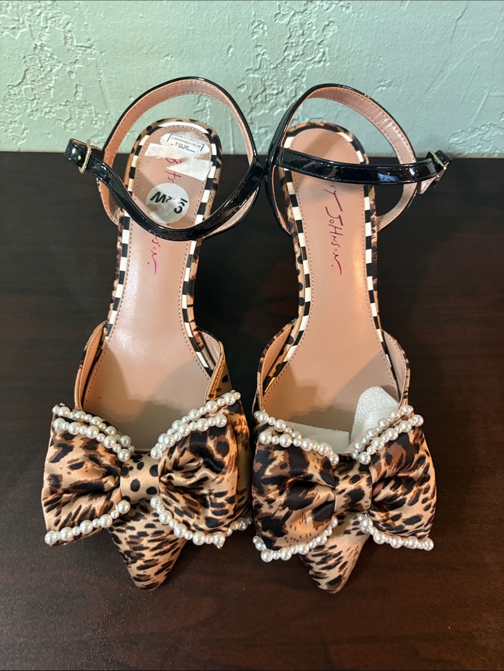 Betsey Johnson Black Patent Ankle-Strap Heels with Leopard Pearl Bows